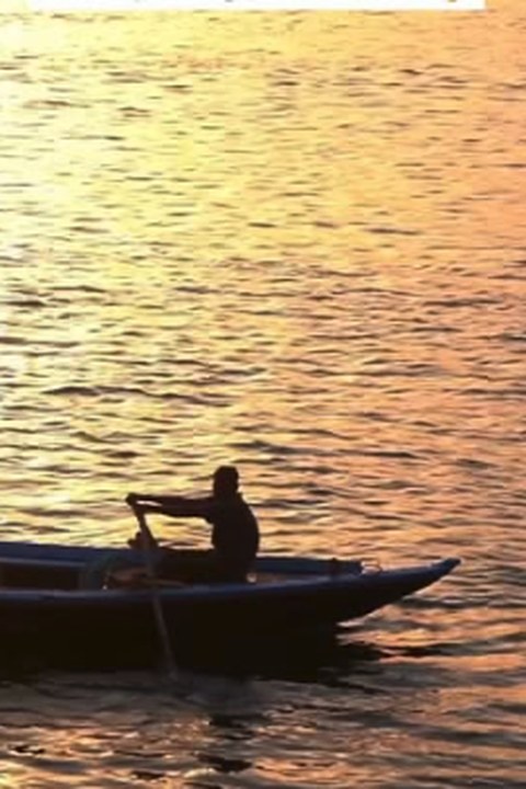 Boatman rowing at golden sunrise on the Ganga